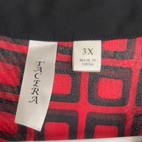 Tacera Women Plus 3XL Sheer Tunic Blouse Red & Black Geometric Print Long Sleeve - Picture 3 of 8